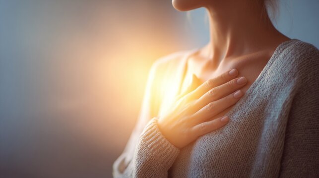 A serene image focusing on well-being, featuring a woman with a hand gently placed over her chest, against a soft, diffused light backdrop. Symbolizing self-care and introspection.