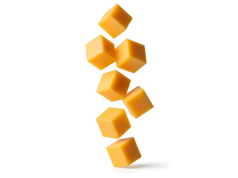 Six bright orange cheddar cheese cubes falling or floating in a vertical stack against a pure white background, perfect for food photography and dairy concepts