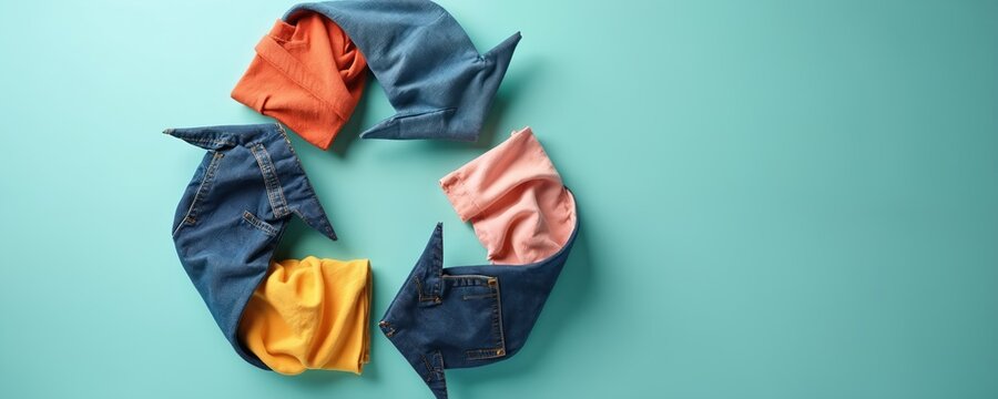 Recycle symbol made from various clothes on blue background. Sustainable fashion concept about apparel reuse giving old garments second life. Eco friendly idea of upcycling textile, second hand