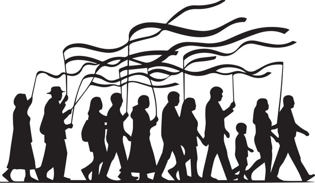 Diverse group of people marching together holding red ribbons for world aids day awareness