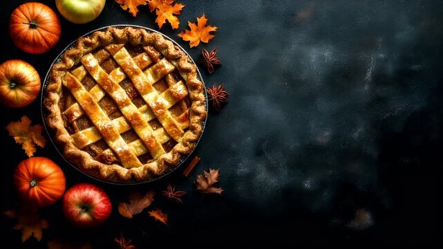 A topdown view of a freshly baked apple pie with a lattice crust, surrounded by autumnal elements like pumpkins, apples, and maple leaves. The pie is placed on a dark, textured surface.