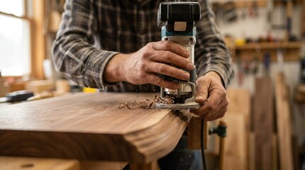 A skilled carpenter precisely shapes the edge of a wooden plank with a router in his workshop, embodying craftsmanship and precision.