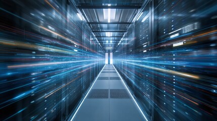 Futuristic server room showcasing high-speed data transmission and robust infrastructure. Illustrates modern tech, digital networks, and advanced information storage solutions.