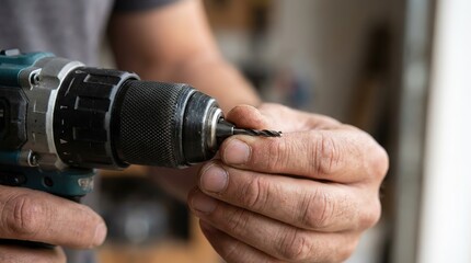 Focused on the intricate process of home improvement. A skilled individual intently prepares a power drill for a precise task, ready to craft and construct with focused efficiency.