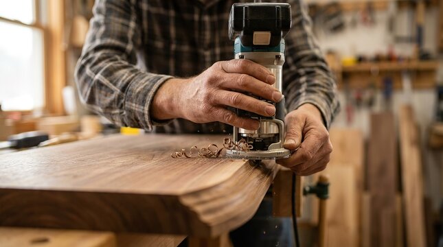 A skilled carpenter precisely shapes the edge of a wooden plank with a router in his workshop, embodying craftsmanship and precision.
