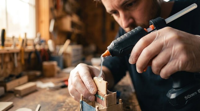 A craftsman meticulously applies hot glue with a glue gun, embodying the spirit of detailed craftsmanship and precision within a workshop environment.