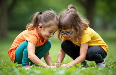 Two young girls play together outdoors. One girl wears hearing aid. Friends are smiling while spending time together in park. They are looking at small plant.