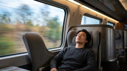 A serene passenger reclines in a train seat, immersed in restful slumber as the world outside blurs past, evoking a sense of tranquil travel.