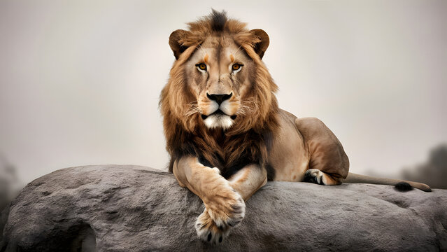 Majestic male lion with full mane resting on rocky outcrop in african savannah - Powered by Adobe
