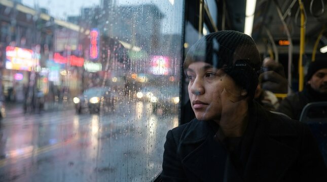 A pensive woman gazes out of a rain-streaked bus window at a bustling city street, a symphony of lights reflecting.