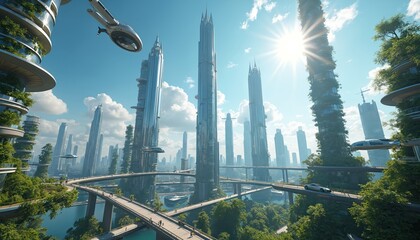 Futuristic city landscape with high rise buildings and eco friendly architecture. Scene features flying vehicles and pedestrian walkways. Modern urban design shows green elements and advanced tech.