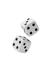 white, high-gloss, precision-cut craps dice with sharp black pips frozen mid-air, rotating, isolated on infinite white background, macro close-up, concept of risk and pure chance