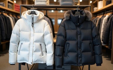 White, black and gray down jackets on the rack, shop. High quality