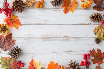 Autumn Leaves and Pine Cones on Rustic Wooden Background