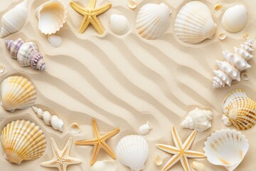 Seashells and Starfish on Sandy Beach Background for Nature Themes