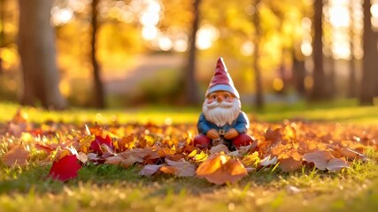 A vivid autumnal scene featuring a gnome figurine amidst a carpet of fallen leaves. The gnome is the central focus.