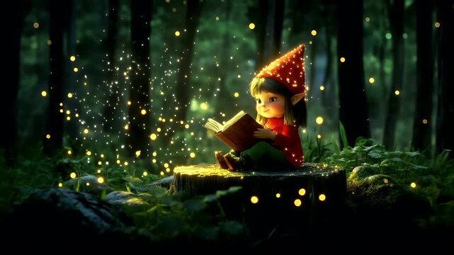 A whimsical, fairytalelike depiction of a young girl engrossed in reading a book. She is adorned in a red dress with green accents, and her attire is complemented by a starrypatterned hat.