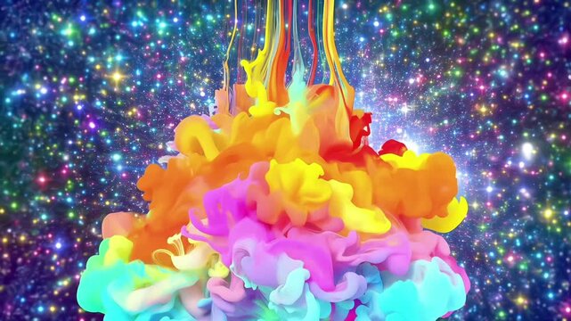 Psychedelic Abstract Fungus Art with Cosmic Starfield - Vibrant Orange Purple Ink Wash Fluid Painting