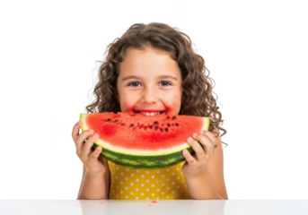 Happy young girl with curly hair eating a juicy slice of watermelon isolated on transparent background