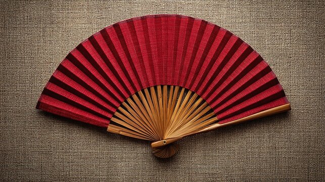 Striking red fan with bamboo frame on textured background. Elegant design and vibrant color create a visually appealing image with a blend of traditional and modern aesthetics.