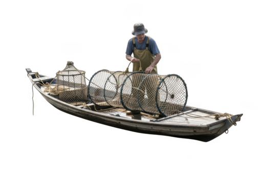 Traditional fishing boat with fisherman and nets isolated on transparent background