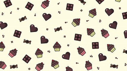 Pattern of chocolate sweets hearts cupcakes and candy for valentines day designs, event promotions, holiday greeting cards, and festive backgrounds.