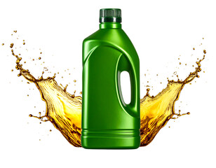 Green Engine Oil Bottle with Golden Splash Motion, Front View, Isolated on White Background.