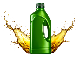 Green Engine Oil Bottle with Golden Splash Motion, Front View, Isolated on White Background.