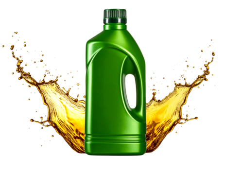 Green Engine Oil Bottle with Golden Splash Motion, Front View, Isolated on White Background.