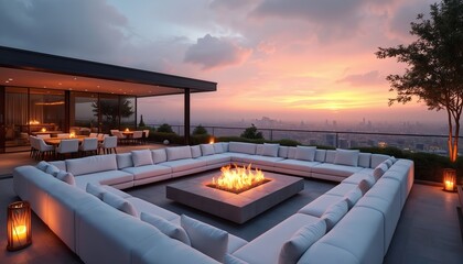 Fototapeta premium Luxury rooftop lounge with fire pit sofas and city view at sunset. Modern outdoor patio design with cozy seating area overlooking cityscape. Evening relaxation area with fire on terrace.