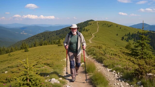 Un homme senior randonne sur un sentier de montagne par une journ&eacute;e ensoleill&eacute;e, &eacute;quip&eacute; de b&acirc;tons de marche