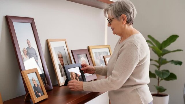 Une femme &acirc;g&eacute;e observe avec tendresse une collection de photos encadr&eacute;es pos&eacute;es sur une &eacute;tag&egrave;re en bois dans un int&eacute;rieur chaleureux et lumineux.