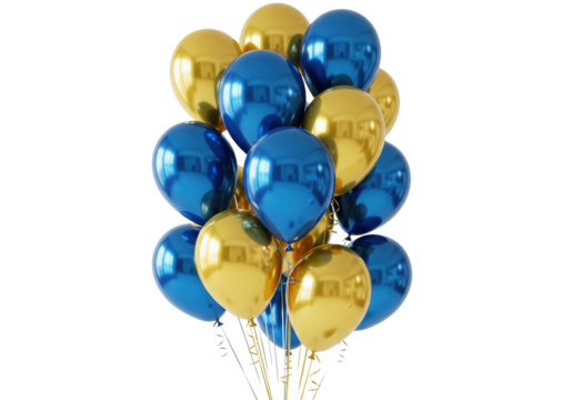 a tight cluster of reflective metallic blue and polished gold helium balloons with dangling ribbons, isolated on a transparent background with copy space, luxurious celebration atmosphere - Powered by Adobe