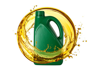  Green Engine Oil Container with Floating Ring of Golden Liquid, Artistic Composition, Isolated on White Background.