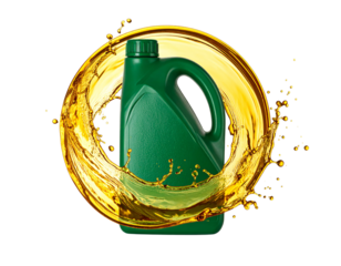  Green Engine Oil Container with Floating Ring of Golden Liquid, Artistic Composition, Isolated on White Background.