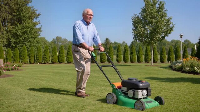Un homme senior tond la pelouse dans un jardin bien entretenu, utilisant une tondeuse &agrave; gazon pouss&eacute;e manuellement