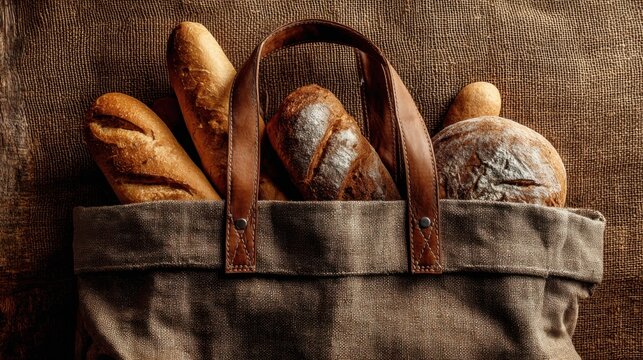 Freshly baked bread in rustic bag
