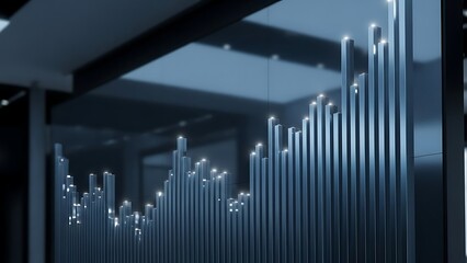 Abstract blue digital background with financial chart, bar graph, and arrow illustrating market growth, success, and business finance data report concept