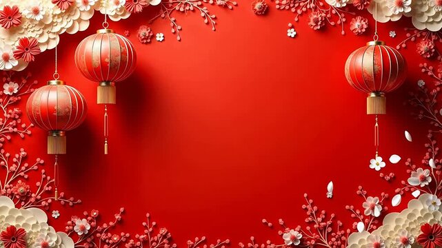 Red lanterns and paper flowers on red background