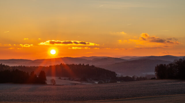 Frosty sunrise view in autumn morning near Vlachovo Brezi CZ