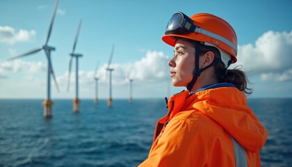 Woman technician wears safety helmet, jacket near offshore wind turbines. She looks at sea with proud, determined expression. Clean energy industry worker on maritime platform controls power farm.