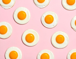 Overhead view of a repeating pattern of sunny-side-up fried eggs on a vibrant pink background