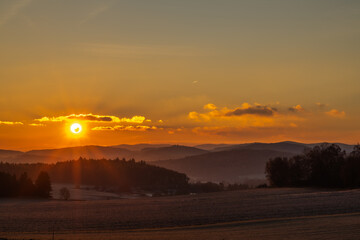 Frosty sunrise view in autumn morning near Vlachovo Brezi CZ