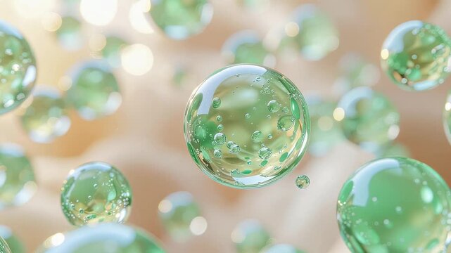グリーンの透明な美容成分球体がゆったりと浮遊するループ動画｜スキンケア成分・先端美容科学・分子アニメーション
Seamless loop animation of translucent green cosmetic spheres gently floating on a soft orange background