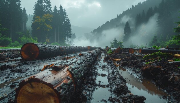 Documentary Scene Showing Forest Damage Caused by Illegal Logging. 
