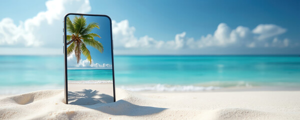 Modern mobile phone mockup rests on fine white sand. Screen shows vivid tropical beach, palm tree, turquoise blue sea. Real sunny beach with blue sky serves as blurred backdrop. Great for digital
