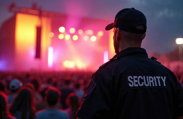 Obraz premium Security guard in black uniform with SECURITY lettering on back watches large crowd. Attend vibrant outdoor night music festival concert. Colorful stage lights glow brightly. Guard ensures public