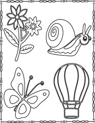 Cute Nature Elements Coloring Page For Kids And Adults.