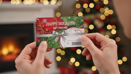 Captivating a vibrant scene of the holiday cheer. The central focus is the gift voucher held by hands, against a blurred festive Christmas tree background.