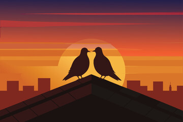 Romantic Birds Silhouette at Sunset